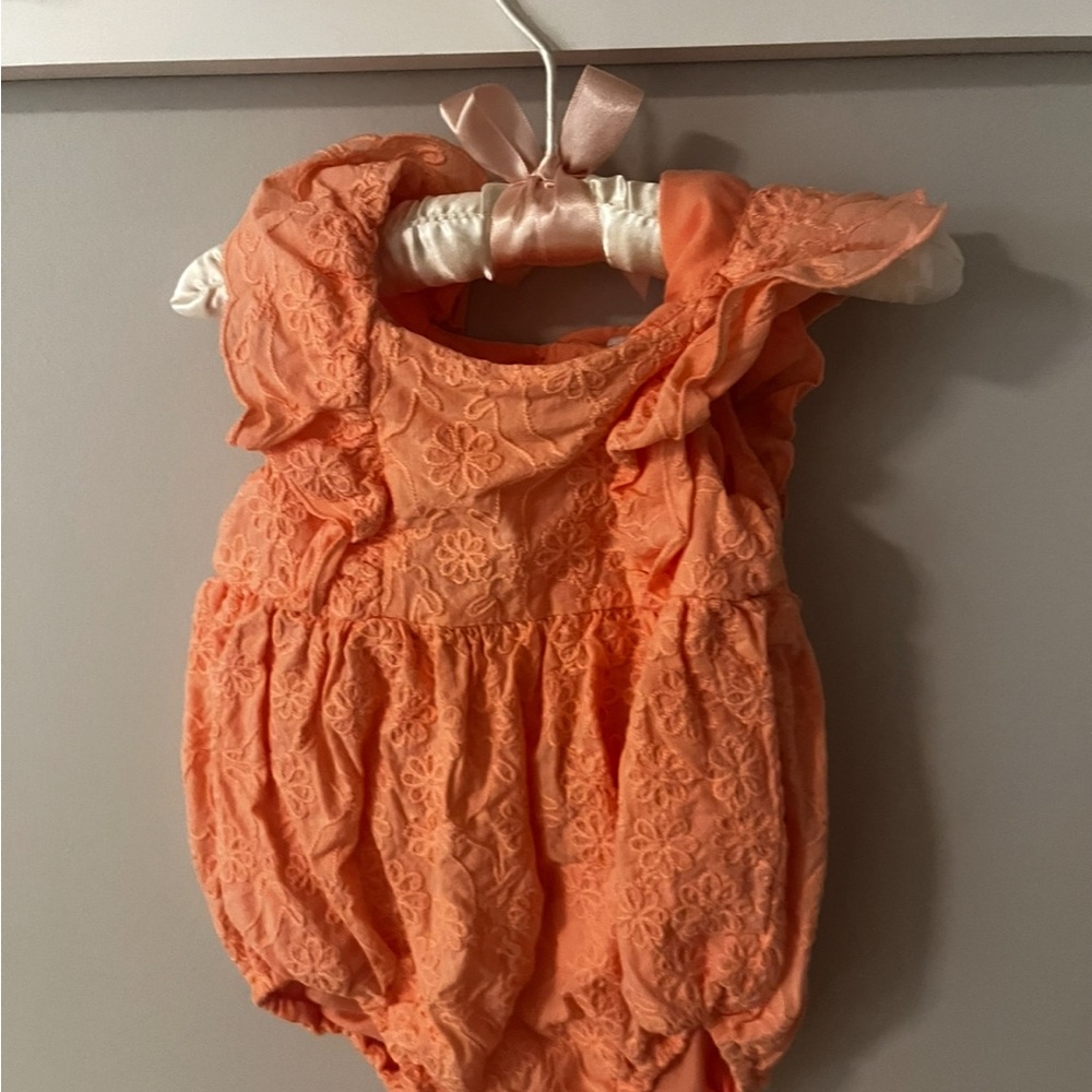 Orange Ruffled Baby Romper with Matching ears hat and bunny shoes